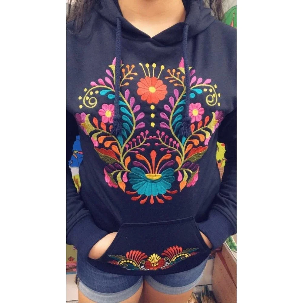 Mexican Floral Embroidered Hoodie Black - Picture 4 of 5